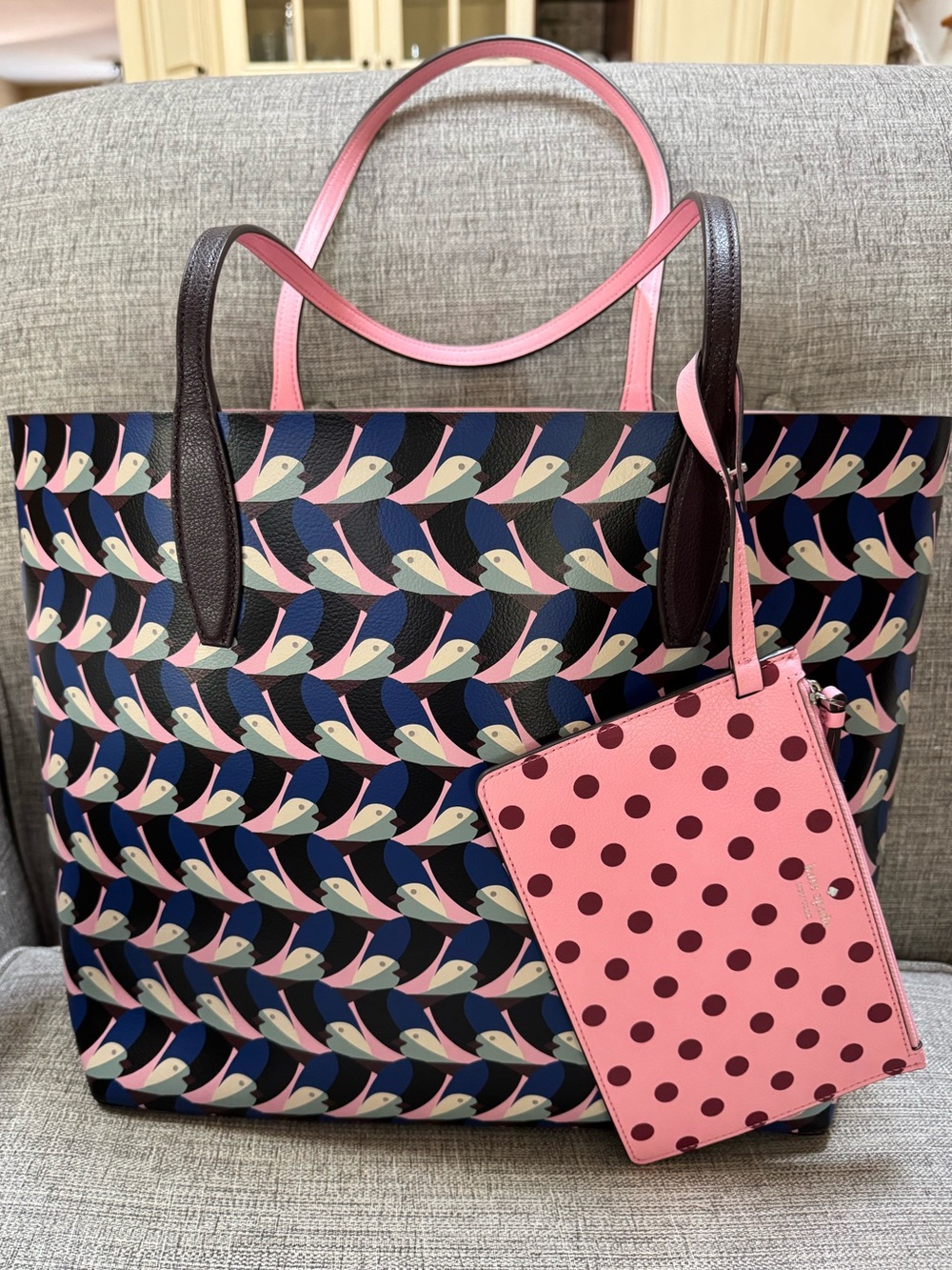 Kate Spade Arch Love Birds Large Reversible Pink Blue White Shoulder Tote Pouch